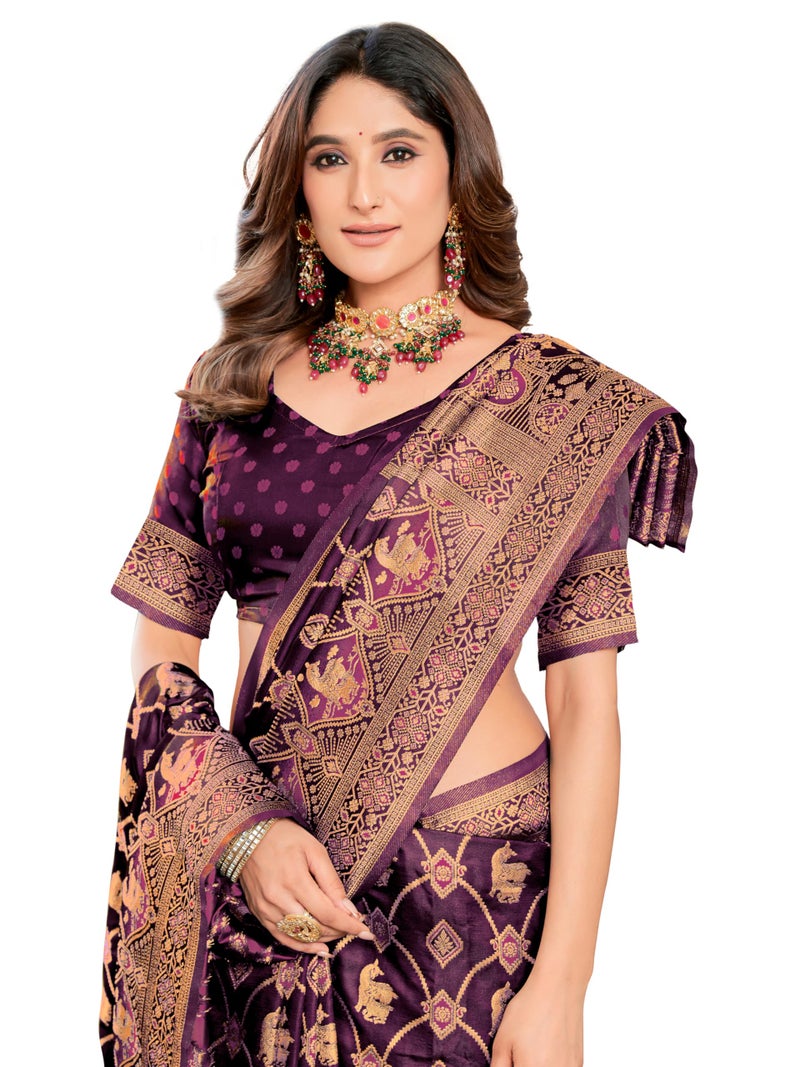 Glory Sarees Women's Pure Kanjivaram Soft Banarasi Original Satin Silk Saree Elegantly Crafted Graceful Wedding Design With Blouse Piece (Satin Silk102_wine) - Image 1