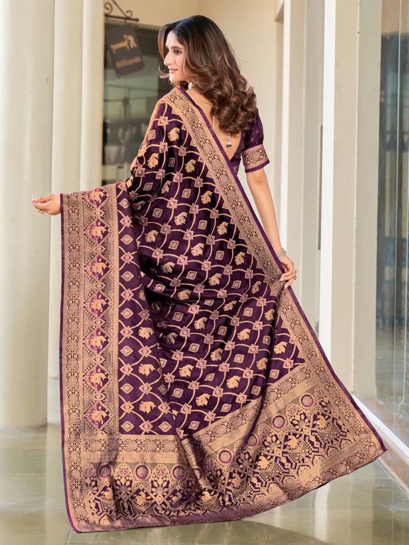 Glory Sarees Women's Pure Kanjivaram Soft Banarasi Original Satin Silk Saree Elegantly Crafted Graceful Wedding Design With Blouse Piece (Satin Silk102_wine) - Image 4