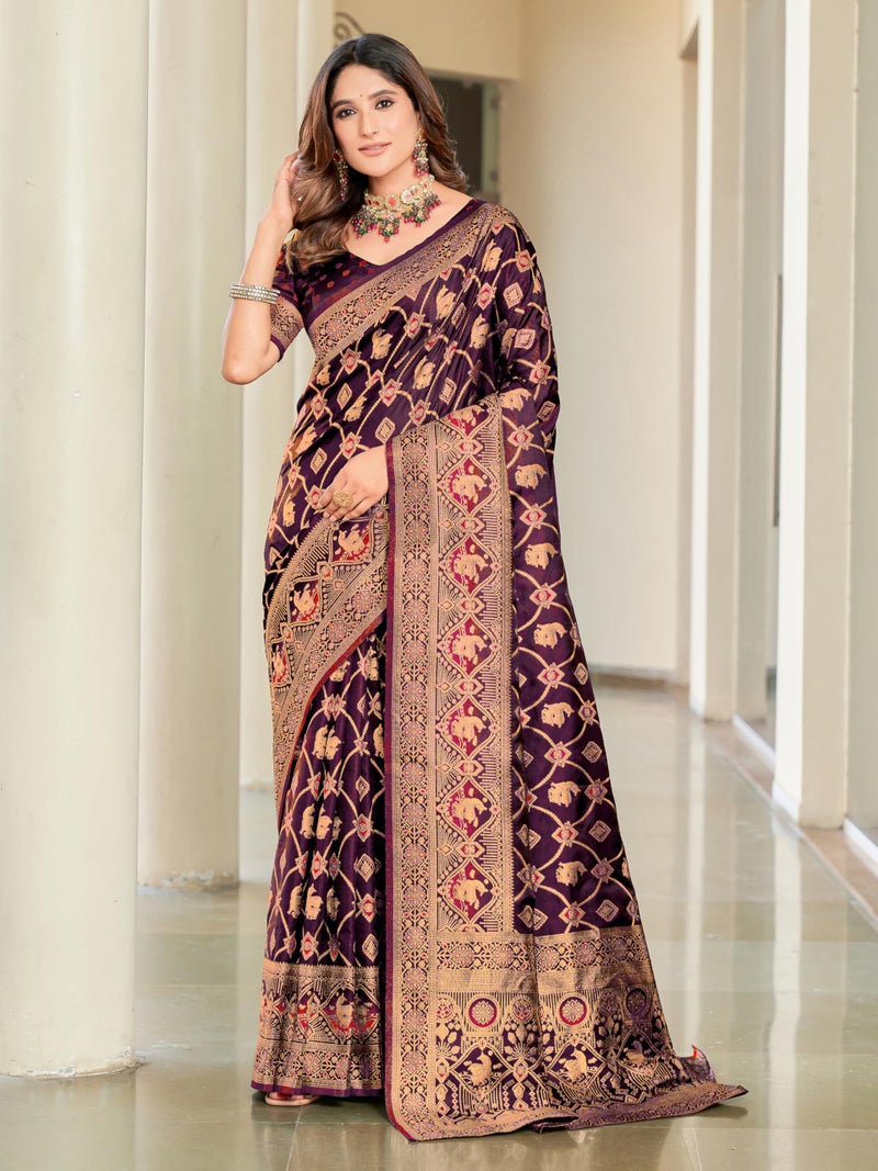 Glory Sarees Women's Pure Kanjivaram Soft Banarasi Original Satin Silk Saree Elegantly Crafted Graceful Wedding Design With Blouse Piece (Satin Silk102_wine) - Image 2