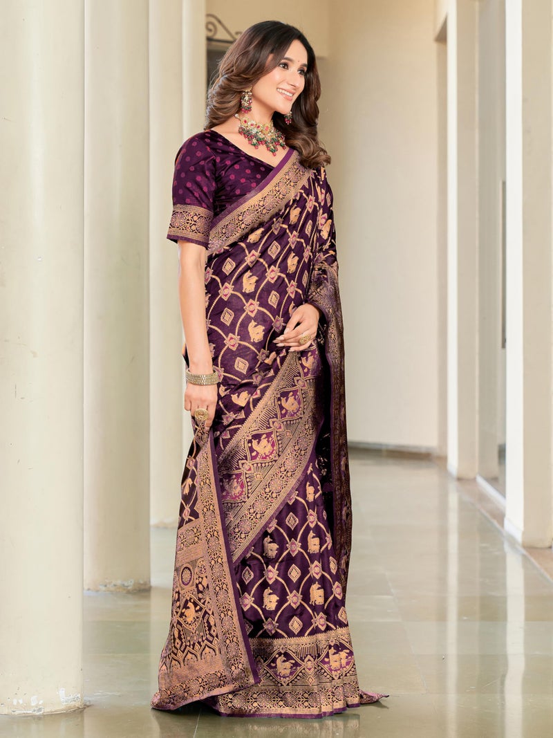 Glory Sarees Women's Pure Kanjivaram Soft Banarasi Original Satin Silk Saree Elegantly Crafted Graceful Wedding Design With Blouse Piece (Satin Silk102_wine) - Image 5