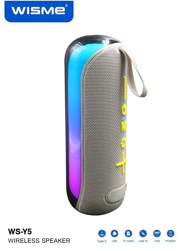 WISME WS-Y5 Wireless Portable Bluetooth Speaker with RGB Colorful Lighting, Multiple Input Options, and Button Control – High-Quality Sound, Compact Design – Grey.  - Image 1