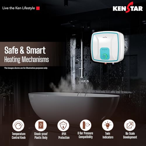 Kenstar Quantum Pro 10-L with LED Indicator & Free Pipe, 5 Star Rated Storage Square Water Heater with Superior Glassine Coated Tank, Powerful 2000W Heating Element, (White and Blue) - Image 2