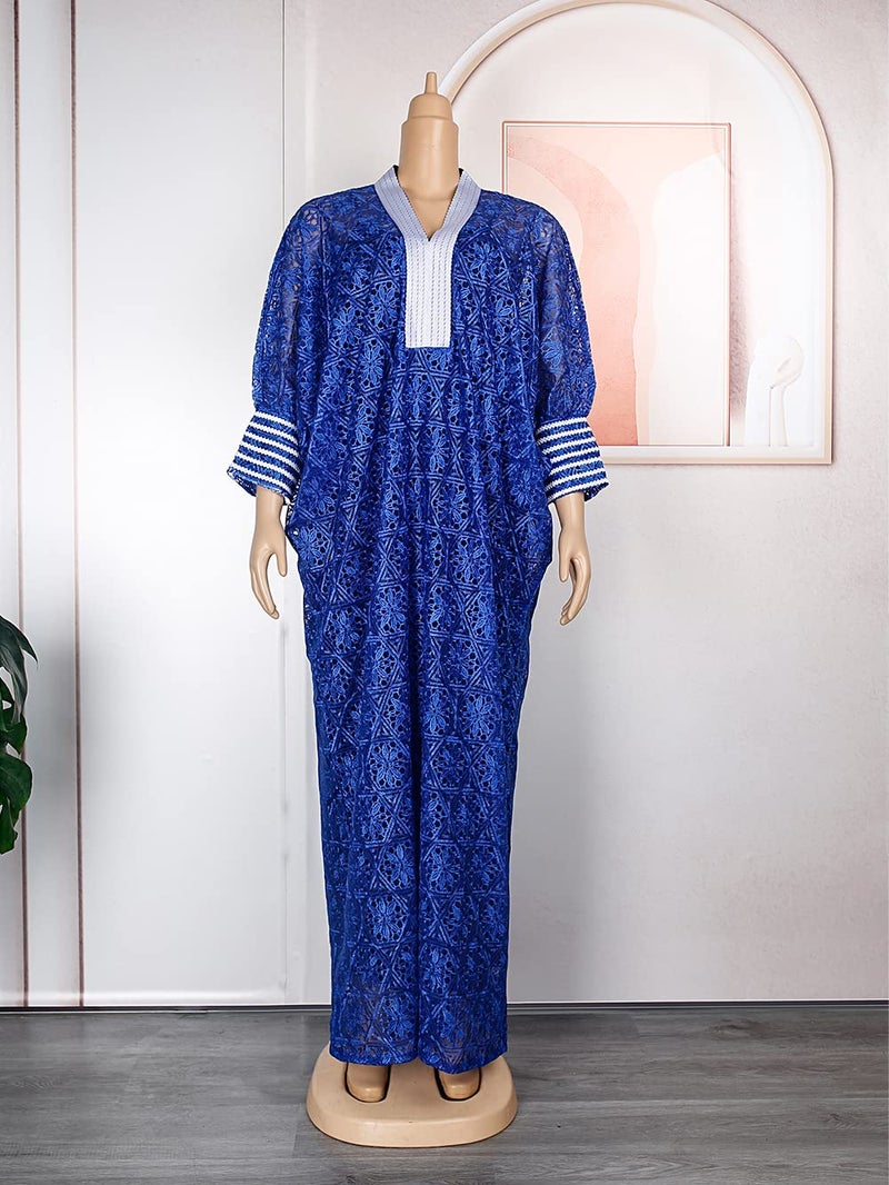HD RoyalBlue Lace African Bubu Dress Batwing Sleeves V Neck Nigerian Woman Caftan Gown - Image 2