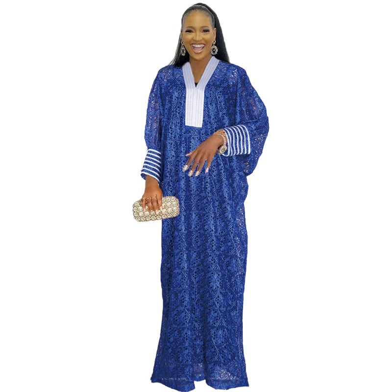 HD RoyalBlue Lace African Bubu Dress Batwing Sleeves V Neck Nigerian Woman Caftan Gown - Image 1
