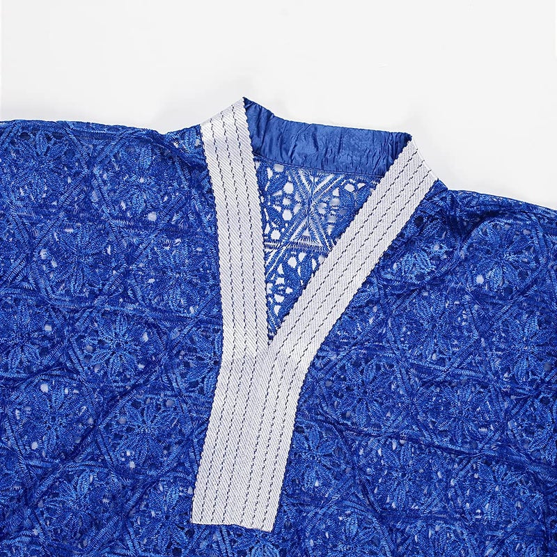HD RoyalBlue Lace African Bubu Dress Batwing Sleeves V Neck Nigerian Woman Caftan Gown - Image 3