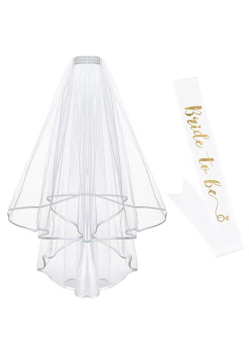 XiuWoo Women Bride To Be Printed Sash With Shoulder Length Veil Party Set  - Image 1