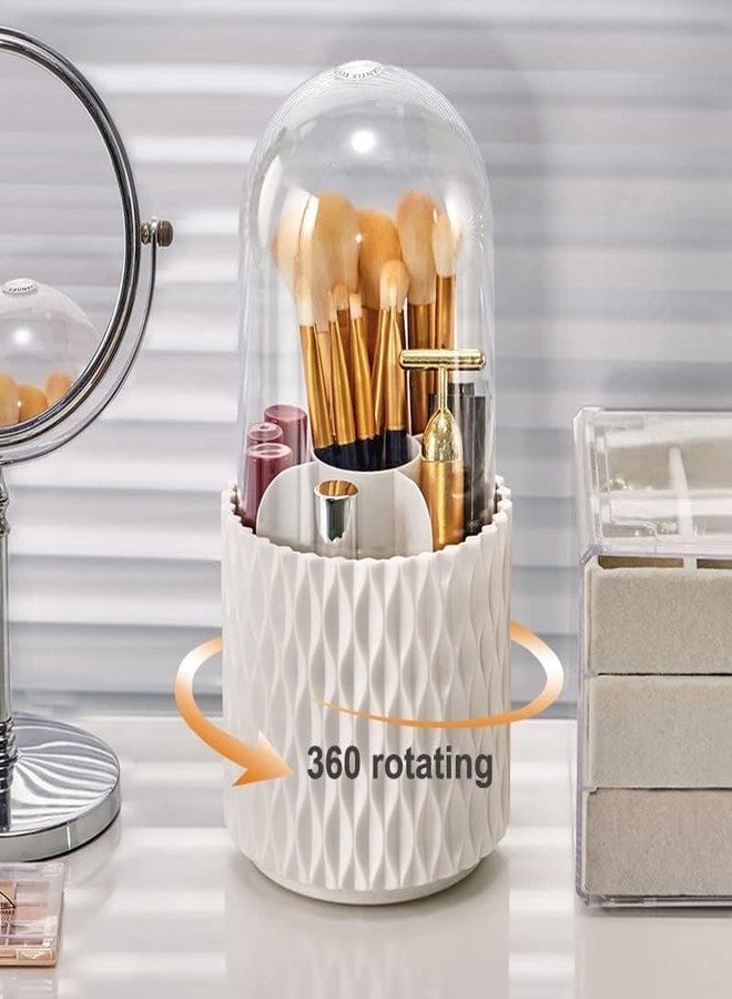 OTIPORTER Makeup Brush Holders Dustproof & Waterproof 360 Rotating Cosmetic Brush Holder Hardware Tools With Cover Spinning Makeup Organizer, White - Image 4