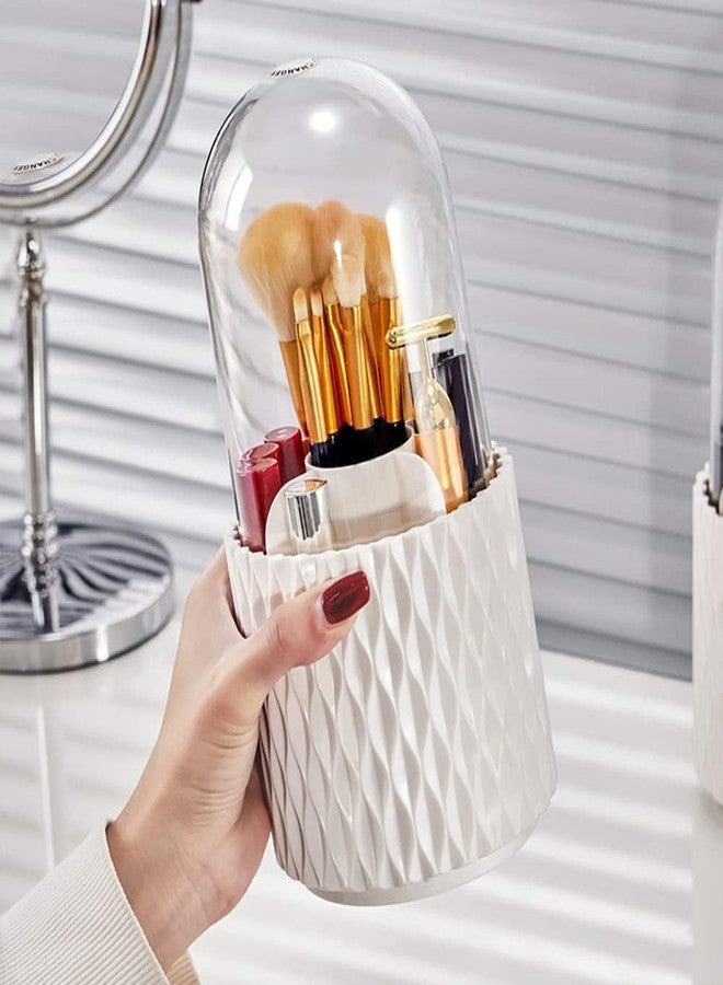 OTIPORTER Makeup Brush Holders Dustproof & Waterproof 360 Rotating Cosmetic Brush Holder Hardware Tools With Cover Spinning Makeup Organizer, White - Image 1