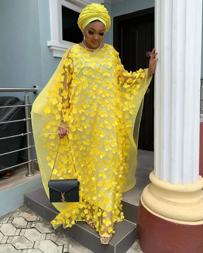 Cross-border source three-dimensional embroidery flower mesh round neck bat sleeve loose plus size robe vest African womens clear Yellow  - Image 1