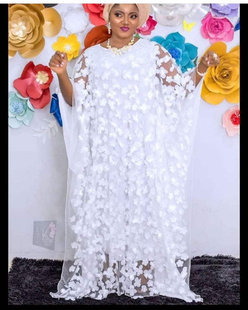 Cross-border source three-dimensional embroidery flower mesh round neck bat sleeve loose plus size robe vest African womens clear Yellow  - Image 3