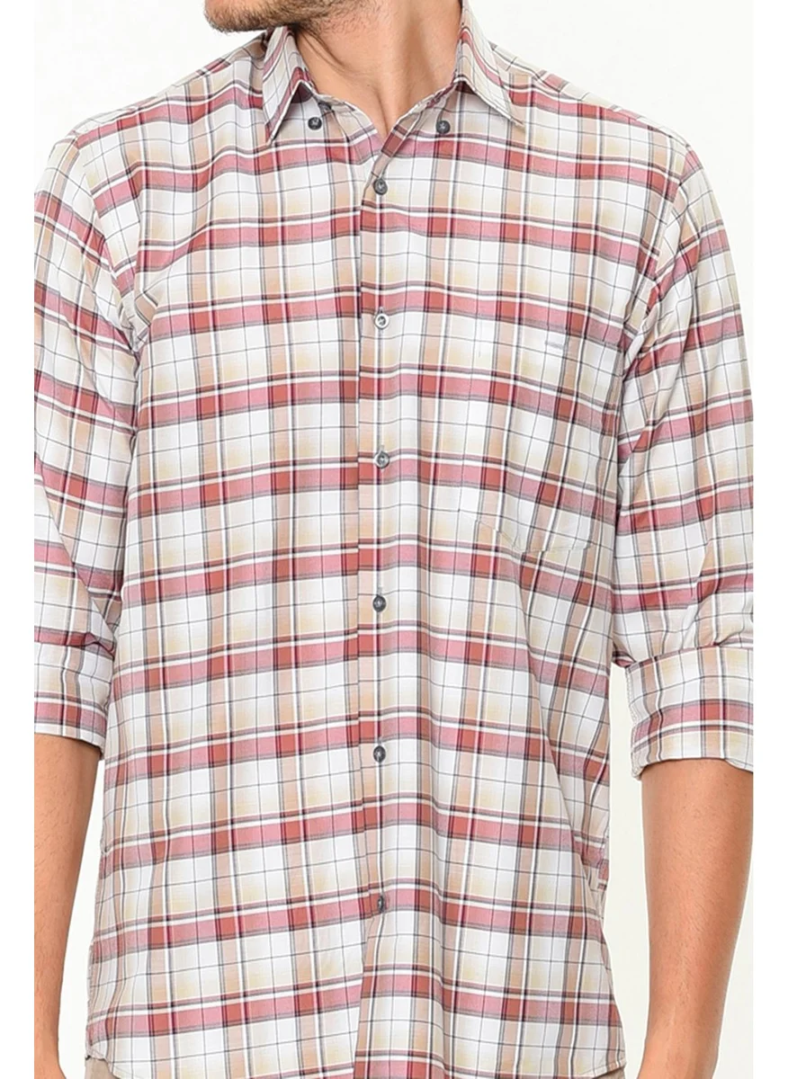 فاريتا Men's Brown Classic Cut Patterned Single Pocket Collar Buttoned Long Sleeve Shirt