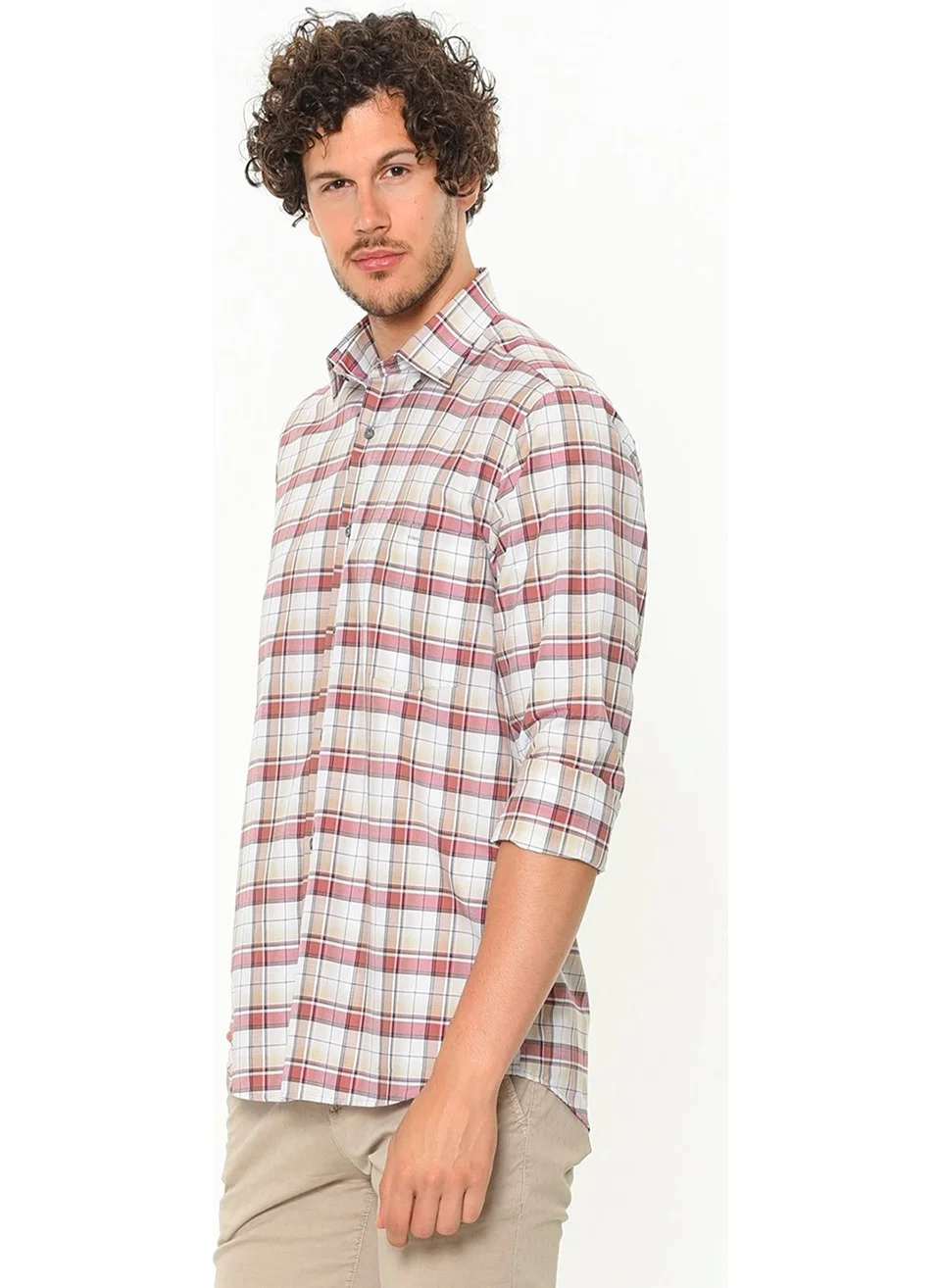 فاريتا Men's Brown Classic Cut Patterned Single Pocket Collar Buttoned Long Sleeve Shirt