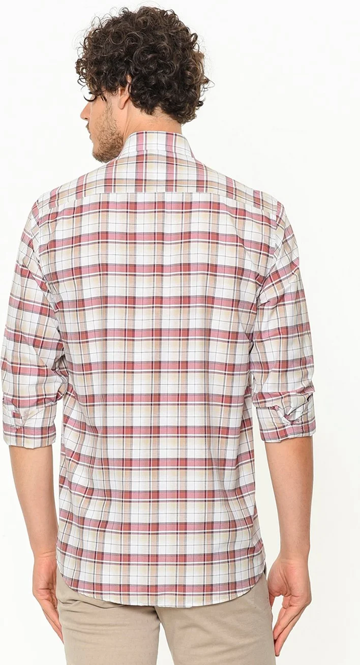 Varetta Men's Brown Classic Cut Patterned Single Pocket Collar Buttoned Long Sleeve Shirt