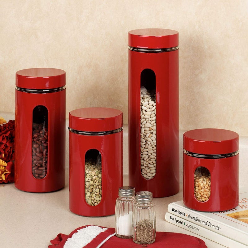 Le'raze Quality Modern Red Stainless Steel Canister Set for Kitchen Counter with Glass Window & Airtight Lid - Food Storage Containers with Lids Airtight - Pantry Storage and Organization Set - Image 3