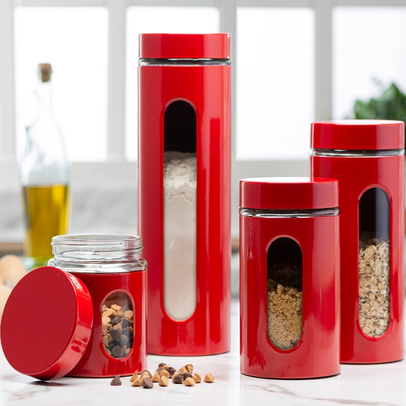 Le'raze Quality Modern Red Stainless Steel Canister Set for Kitchen Counter with Glass Window & Airtight Lid - Food Storage Containers with Lids Airtight - Pantry Storage and Organization Set - Image 1
