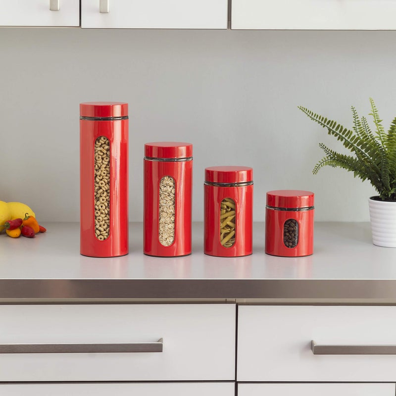 Le'raze Quality Modern Red Stainless Steel Canister Set for Kitchen Counter with Glass Window & Airtight Lid - Food Storage Containers with Lids Airtight - Pantry Storage and Organization Set - Image 4