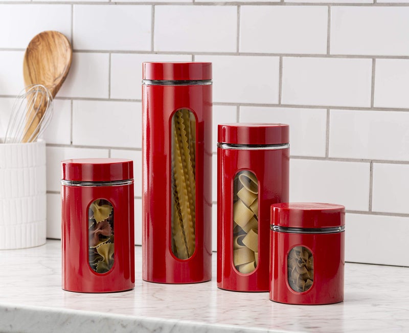 Le'raze Quality Modern Red Stainless Steel Canister Set for Kitchen Counter with Glass Window & Airtight Lid - Food Storage Containers with Lids Airtight - Pantry Storage and Organization Set - Image 2
