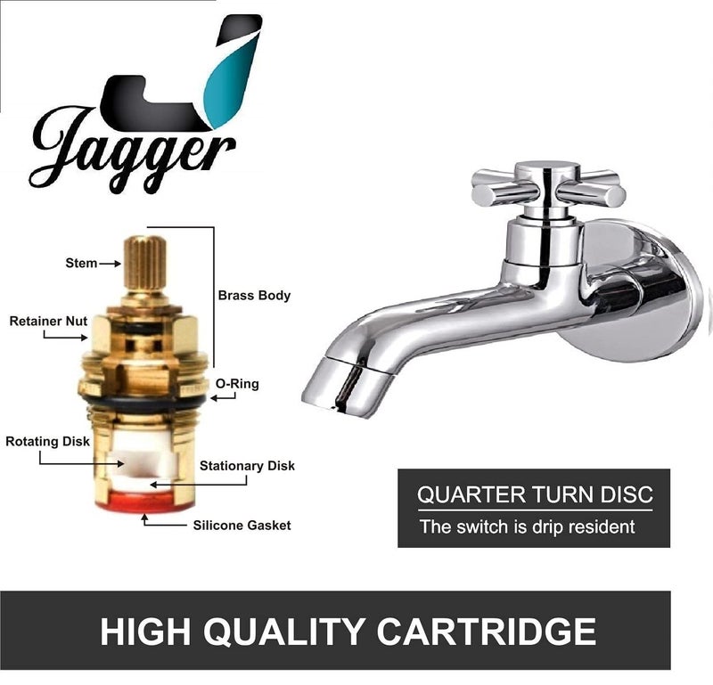 JAGGER JBA212 Brass Long Body Taps for Bathroom/Kitchen Sink/Brass Taps for Home/Bathroom Bib Cock 1/2 Inch Spout Outlet (with Wall Flange and Teflon Tape) (Corsa Long Body) - Image 1