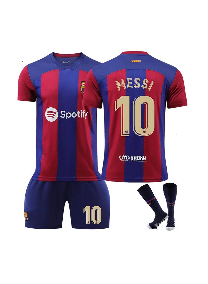 عام مجموعة هدايا قميص كرة القدم المنزلي لنادي برشلونة 2023-24 ميسي #10، تتضمن القميص والشورت والجوارب بأحجام الأطفال والكبار، هدية مثالية للمشجعين والأصدقاء - Image 1