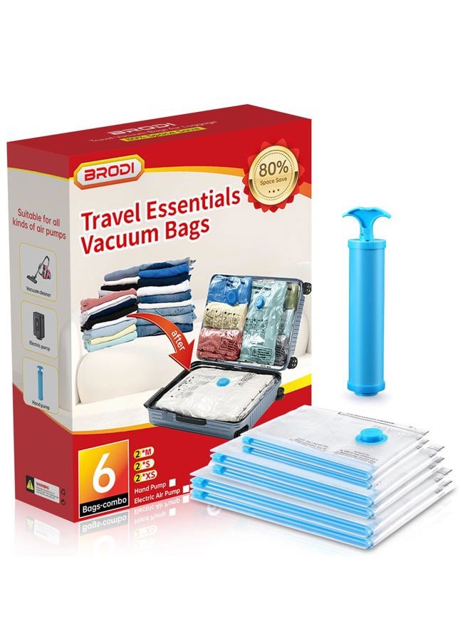 Brodi Travel Vacuum Bags with Pump - Compression Bags for Travel,Vacuum Storage Bags for Space Saver & Travel Essentials,Vacuum Seal Bags for Clothing,Travel Vacuum Bags for Luggage(6 Combo Pack) - Image 1