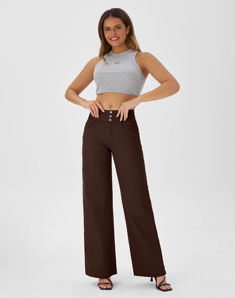 roswear Women's Wide Leg Jeans Casual High Waisted Stretch Baggy Loose Denim Pants Brown X-Large - Image 3