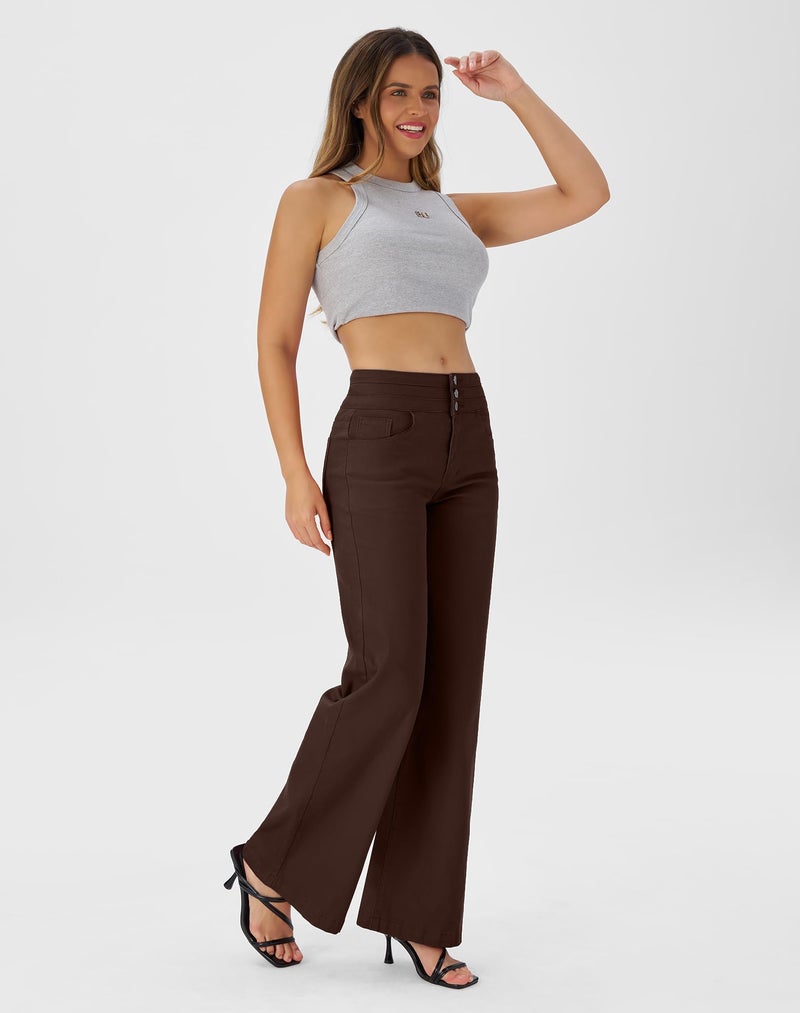 roswear Women's Wide Leg Jeans Casual High Waisted Stretch Baggy Loose Denim Pants Brown X-Large - Image 2