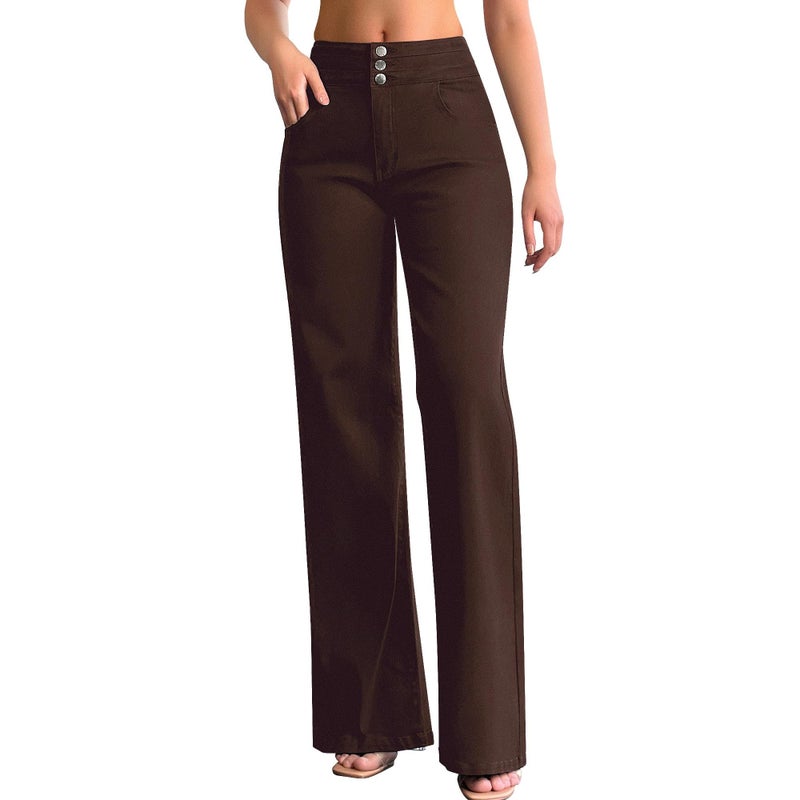 roswear Women's Wide Leg Jeans Casual High Waisted Stretch Baggy Loose Denim Pants Brown X-Large - Image 1