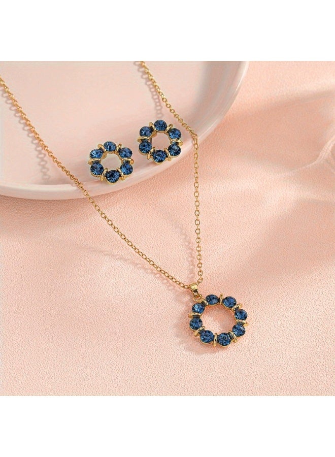 Goolsky Blue Floral Circle Jewelry Set – European & American Style Crystal Necklace and Hoop Earrings 2Pcs - Image 3