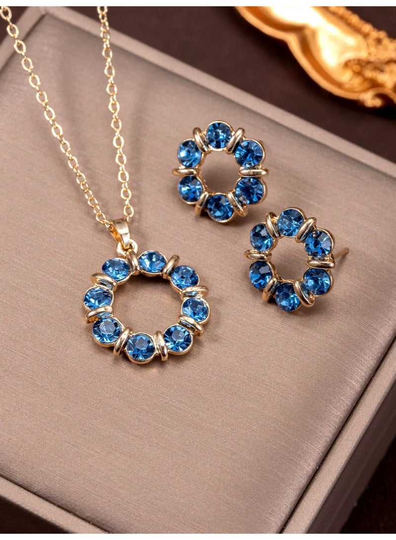Goolsky Blue Floral Circle Jewelry Set – European & American Style Crystal Necklace and Hoop Earrings 2Pcs - Image 1