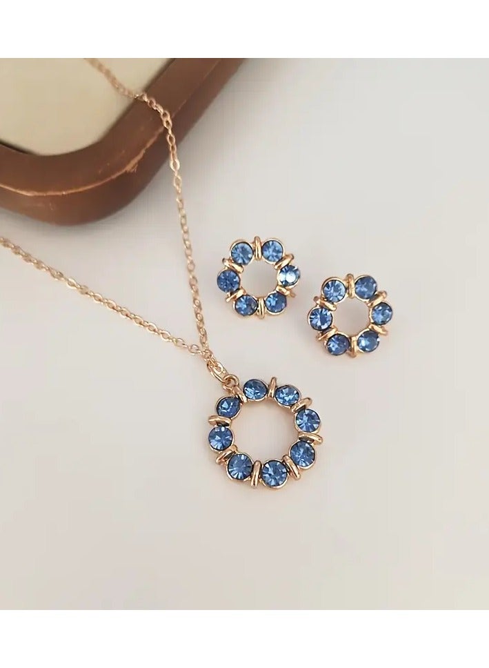 Goolsky Blue Floral Circle Jewelry Set – European & American Style Crystal Necklace and Hoop Earrings 2Pcs - Image 2
