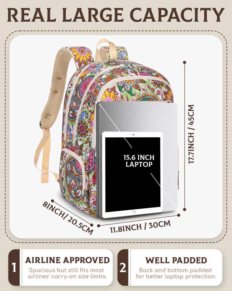 FOKDUVB Large Backpack for Women Backpack with Lots of Pockets for Travel Work School Bookbag with Laptop Compartment for High School College Girls Mochilas Morrales para Mujer (Beige/Green, Paisley) - Image 5