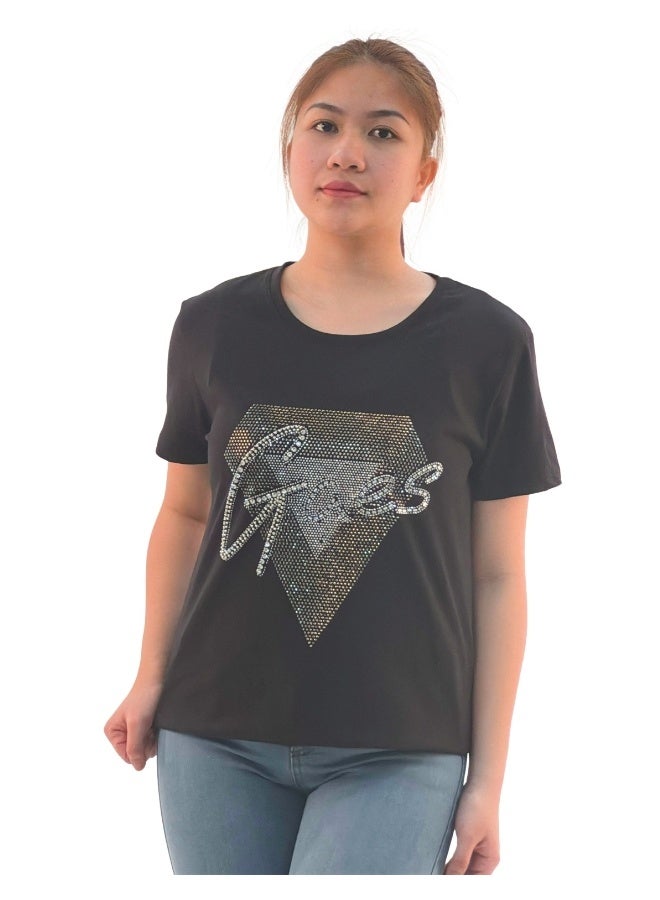 JOANNA W203047 Women's Diamond Design With Quotes Round Neck Short Sleeve T-Shirt - Black - Image 1