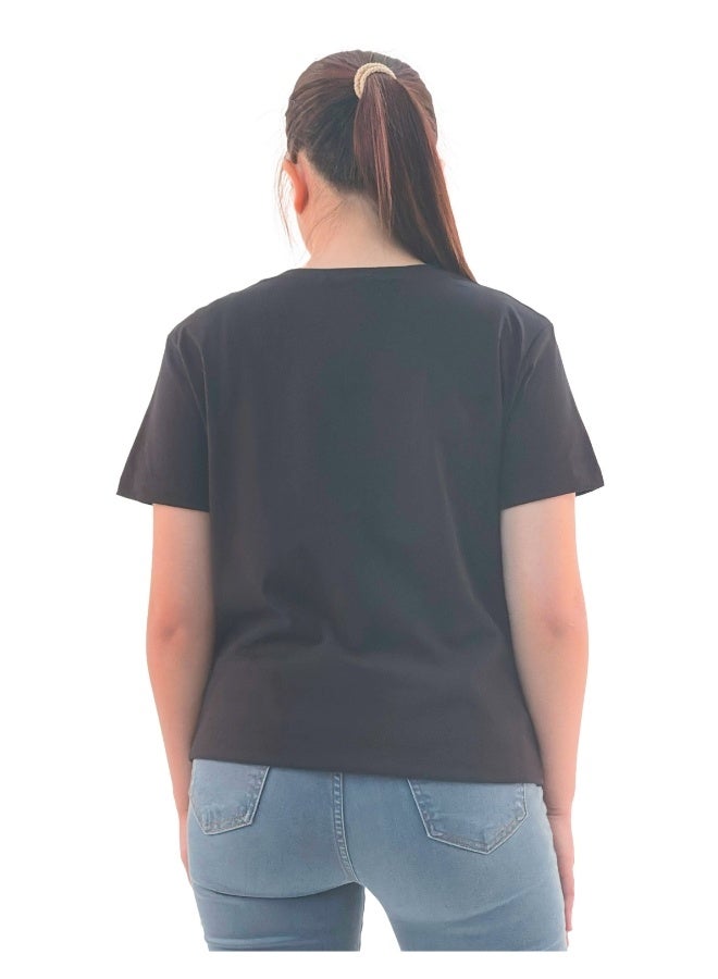 JOANNA W203047 Women's Diamond Design With Quotes Round Neck Short Sleeve T-Shirt - Black - Image 3