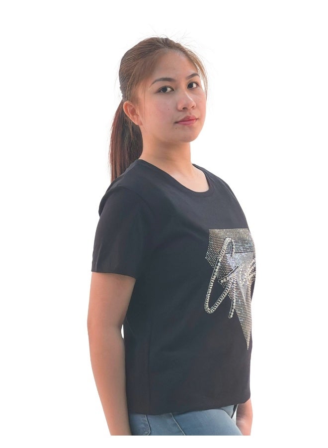 JOANNA W203047 Women's Diamond Design With Quotes Round Neck Short Sleeve T-Shirt - Black - Image 2