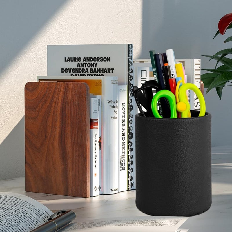 Fosinz Pen Pencil Holder Cup Container PU Leather Desk Organizer Stand Decor Brush Scissor Holder Decoration Office Desk Home School (3.3" x 3.3" x 4", Black) - Image 2