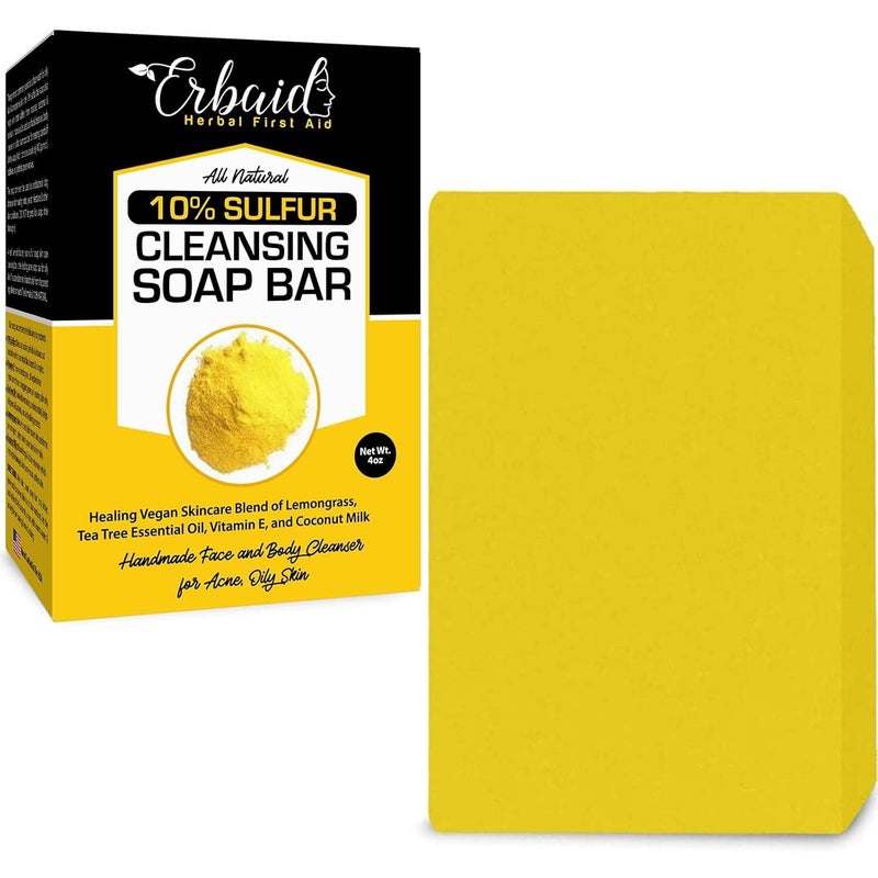 10 Sulfur Soap Cleansing Bar for Face  Body  All Natural Sulfur Facial Cleanser for Acne Oily Skin  Skincare Blend of Lemongrass Tea Tree Essential Oil Vitamin E Coconut Milk  Sulfur Soap Bar Made in USA 4 Ounce Pack of 1