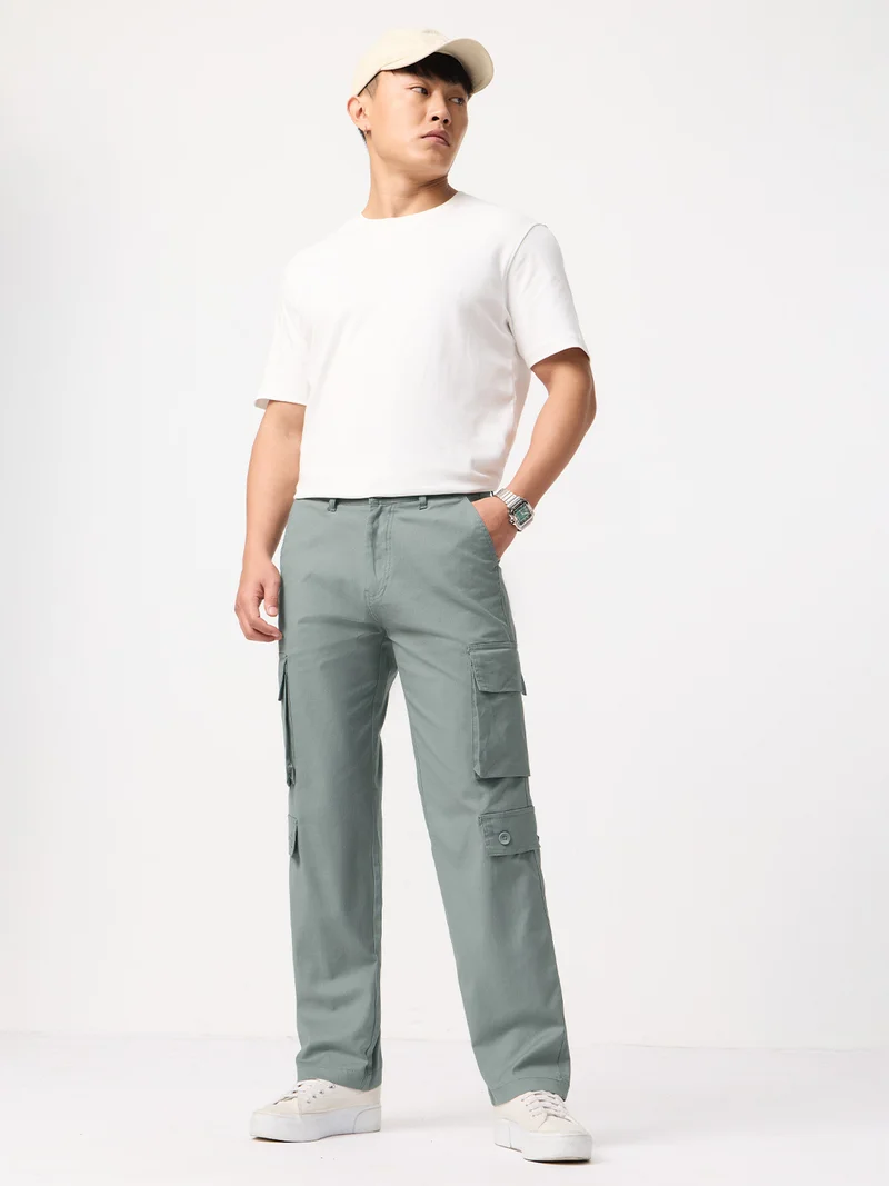 The Souled Store  Ripstop Cargo: Sage Men and Boys Buttoned Waistband Sage Green Solid Ripstop Cotton Straight Fit Durable Stretchable Everyday Utility Cargo Pants  | Best Price UAE