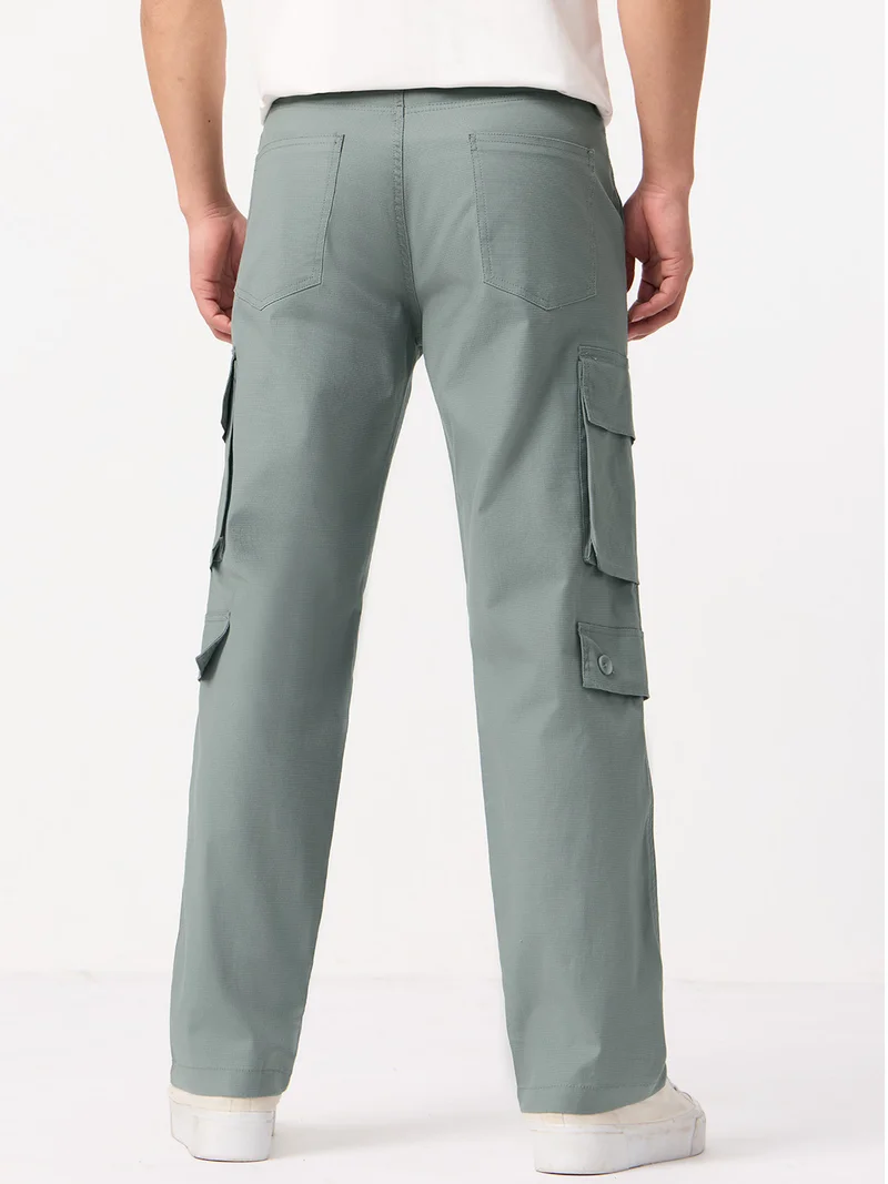 The Souled Store  Ripstop Cargo: Sage Men and Boys Buttoned Waistband Sage Green Solid Ripstop Cotton Straight Fit Durable Stretchable Everyday Utility Cargo Pants  | Best Price UAE