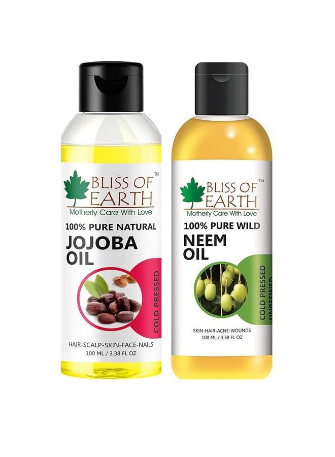 BLISS OF EARTH ™ 100% Pure Natural Jojoba Oil+100% Pure Wild Crafted Neem Oil (100Ml) Great For Haircare Skincare (Pack Of 2) - Image 1