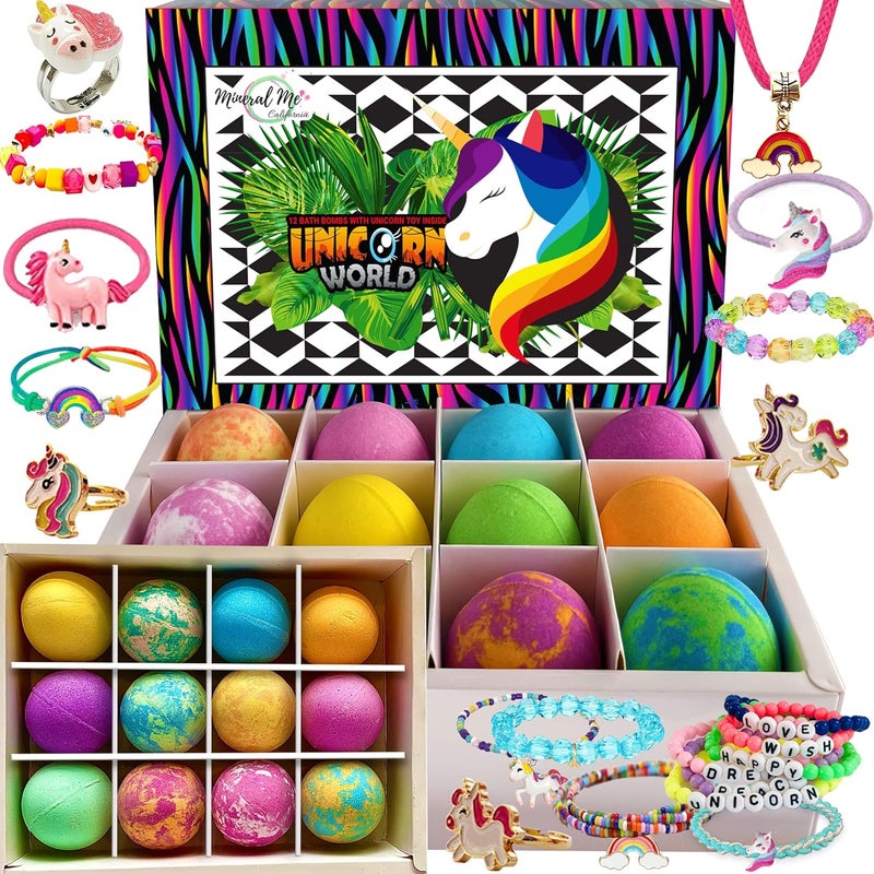 Unicorn Bath Bombs for Girls with Jewelry Inside - Organic Bath Bombs for Kids with Surprise, Natural, Skin Moisturizing BathBombs, Rainbow Bubble Bath. Birthday Gifts - 12 pk - Image 1