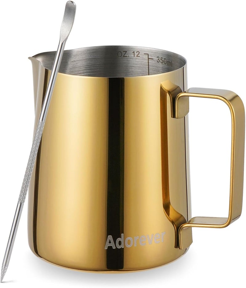 Adorever Milk Frothing Pitcher, 350ml (12oz) Steaming Pitchers Stainless Steel Milk Coffee Cappuccino Latte Art Barista Steam Pitchers Milk Jug Cup with Decorating Art Pen, Gold Flexible trendy construction - Image 1