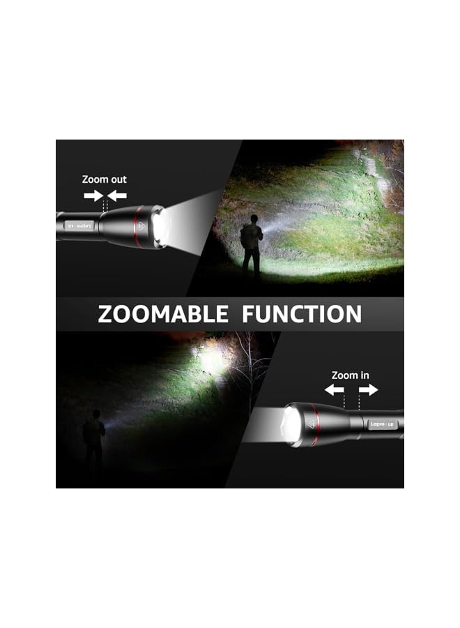 promass LED Flashlight Rechargeable, 15000 Lux Super Bright Torch Light USB Rechargeable, Tactical Flashlight with 5 Lighting Modes, Zoomable, Long-lasting Bright, Waterproof Torch for Camping, Outdoors - Image 4