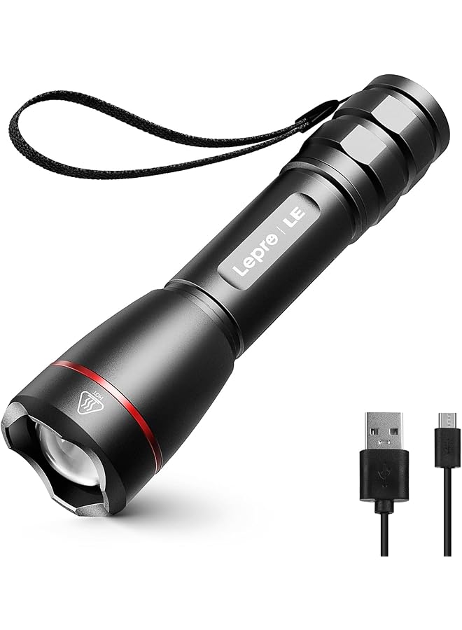 promass LED Flashlight Rechargeable, 15000 Lux Super Bright Torch Light USB Rechargeable, Tactical Flashlight with 5 Lighting Modes, Zoomable, Long-lasting Bright, Waterproof Torch for Camping, Outdoors - Image 1