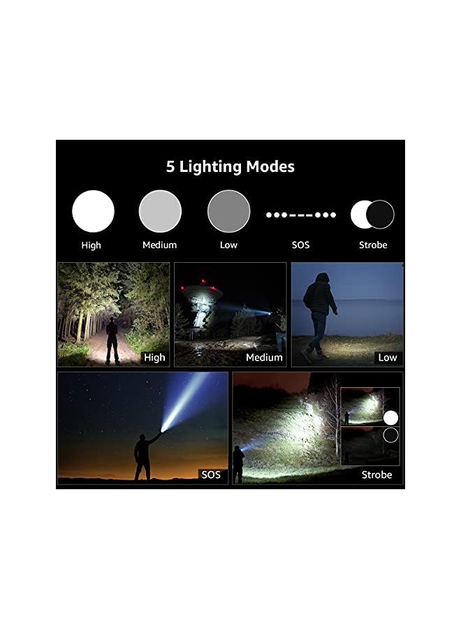 promass LED Flashlight Rechargeable, 15000 Lux Super Bright Torch Light USB Rechargeable, Tactical Flashlight with 5 Lighting Modes, Zoomable, Long-lasting Bright, Waterproof Torch for Camping, Outdoors - Image 5