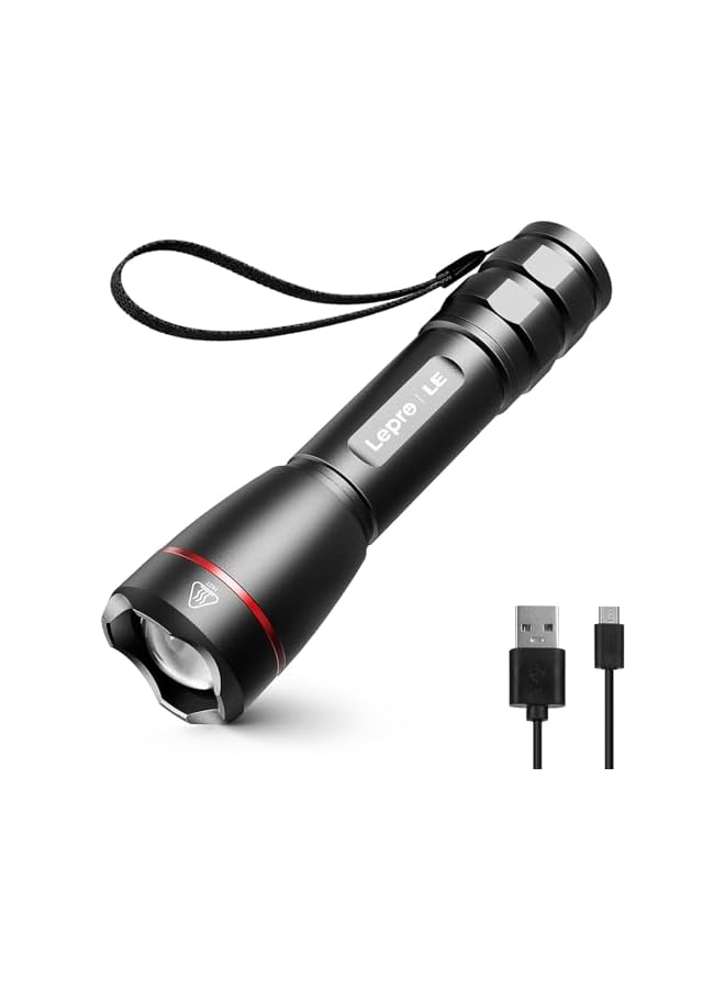 promass LED Flashlight Rechargeable, 15000 Lux Super Bright Torch Light USB Rechargeable, Tactical Flashlight with 5 Lighting Modes, Zoomable, Long-lasting Bright, Waterproof Torch for Camping, Outdoors - Image 2