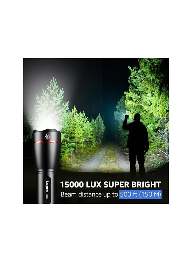 promass LED Flashlight Rechargeable, 15000 Lux Super Bright Torch Light USB Rechargeable, Tactical Flashlight with 5 Lighting Modes, Zoomable, Long-lasting Bright, Waterproof Torch for Camping, Outdoors - Image 3
