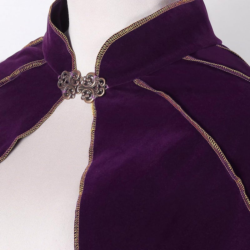 GRAJTCIN Women's Medieval Cloak Renaissance Velvet Gold Trim Cape Witch Halloween Mardi Gras Costume for Adult (43.3", Purple) - Image 4