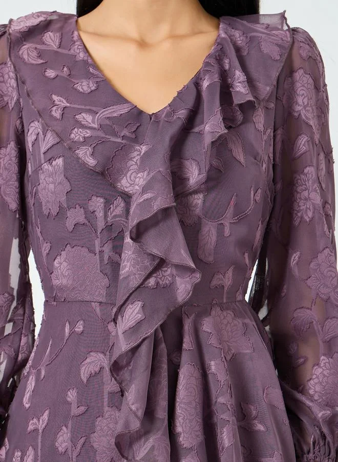 Styli  Purple Ruffle Detail Long Sleeves Maxi Dress for Women | Best Price UAE