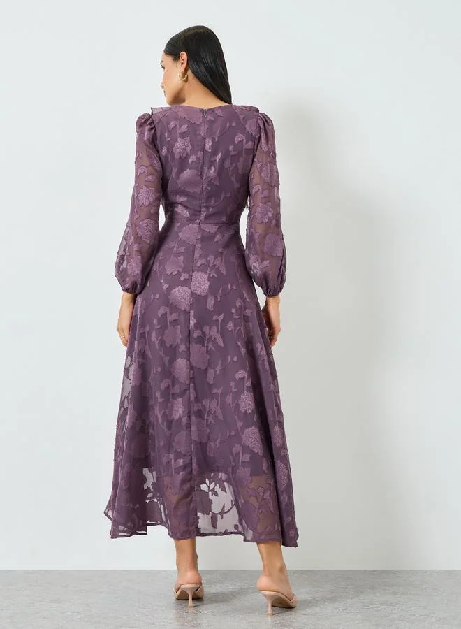 Styli  Purple Ruffle Detail Long Sleeves Maxi Dress for Women | Best Price UAE