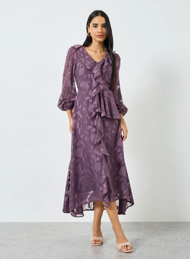 Styli  Purple Ruffle Detail Long Sleeves Maxi Dress for Women | Best Price UAE